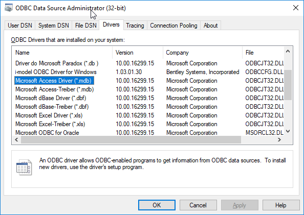 ODBC Control Panel JET (32-bit)